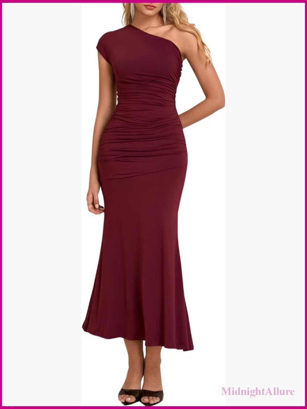 One Shoulder Ruched Bodycon Midi Dress Elegant Formal Wedding Guest Sleeveless